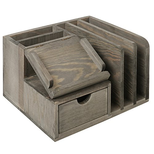 MyGift Rustic Gray Wood Desktop Office Organizer w/Sticky Note Pad Holder Mail Sorter & Pullout Drawer 